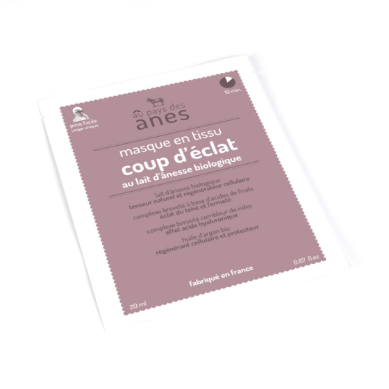Masque Coup d'éclat en tissu au lait d'ânesse bio 20 ml - Carton de 10 Masque Coup d'éclat en tissu au lait d'ânesse bio 20 ml - Carton de 10