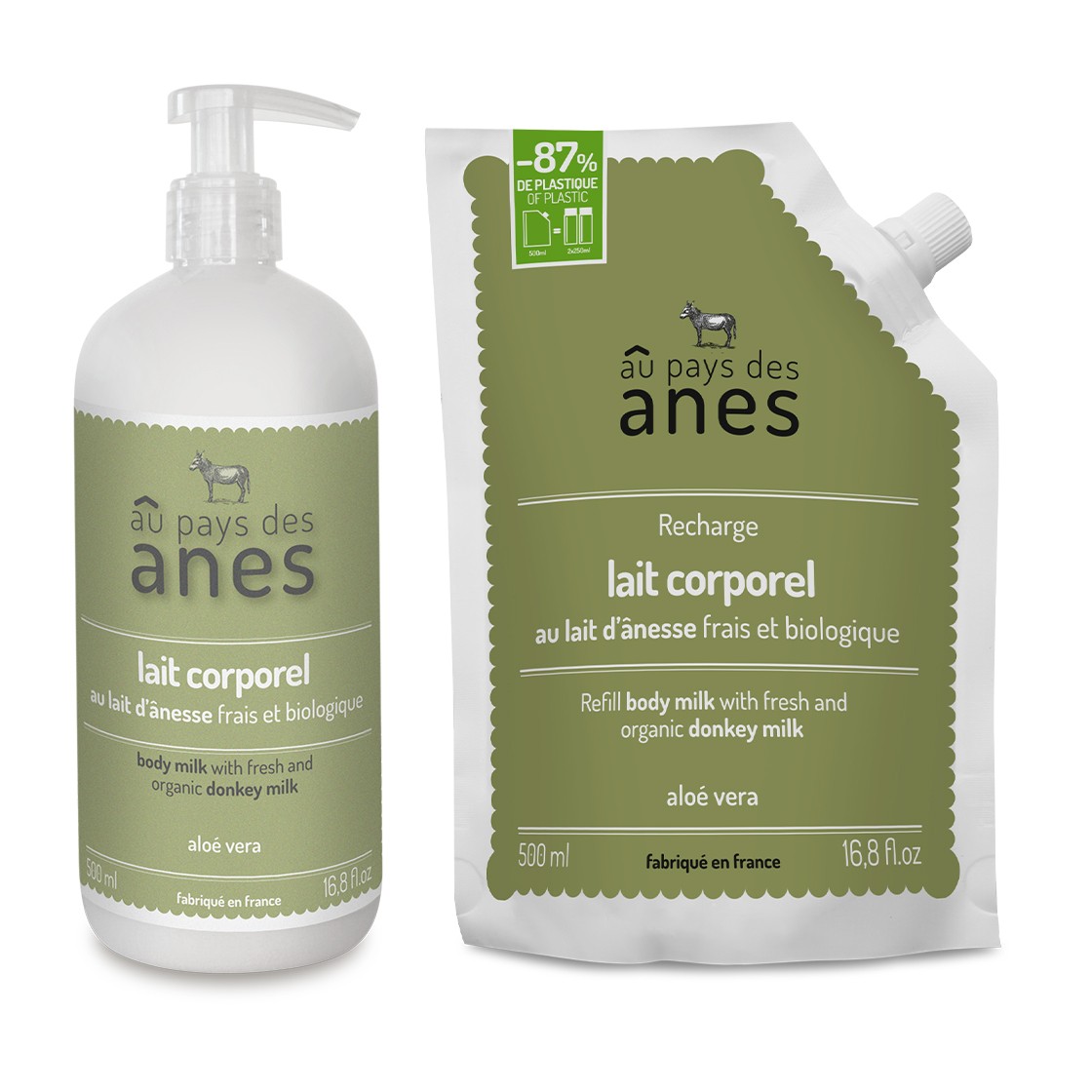 Pack lait corporel Aloe Vera au lait d\'ânesse bio et sa recharge 500ml