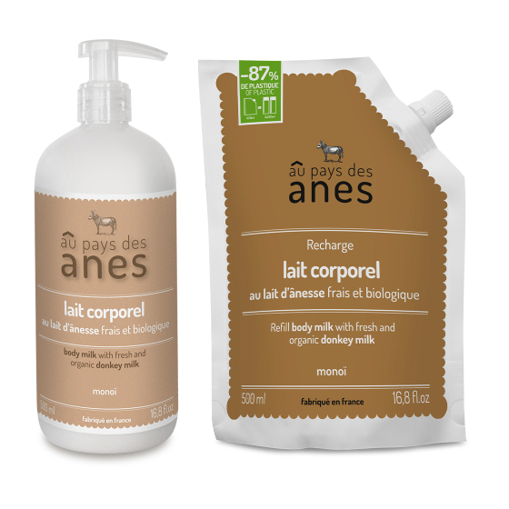 Pack lait corporel Monoï au lait d'ânesse bio et sa recharge 500ml Pack lait corporel Monoï au lait d'ânesse bio et sa recharge 500ml
