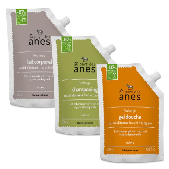 Pack soin du corps écorecharges : gel douche, shampooing, lait corporel 500 ml