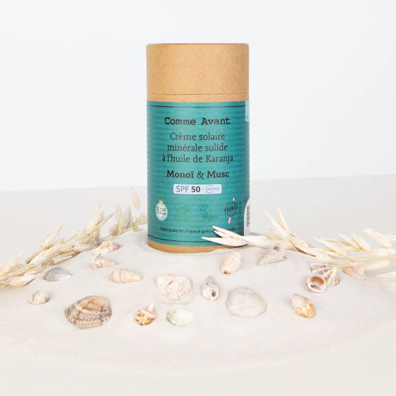Crème solaire corps SPF50 solide à l'huile de karanja Monoï & Musc