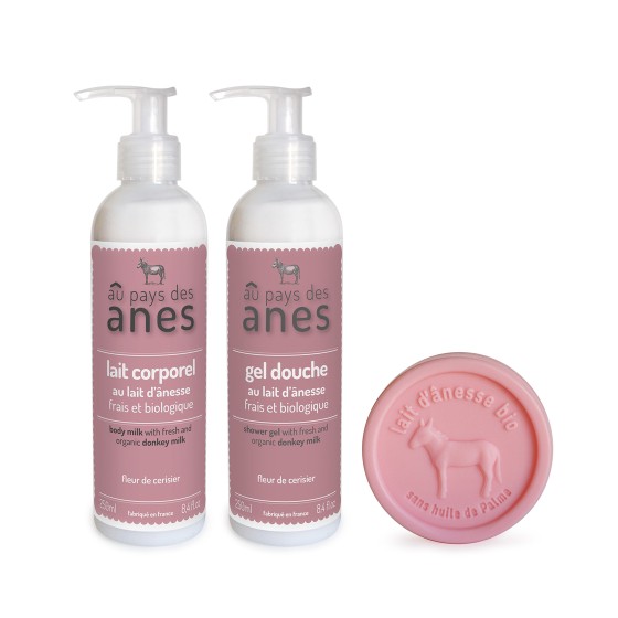 Pack Fleur de cerisier Gel douche, Lait corporel et Savon rond